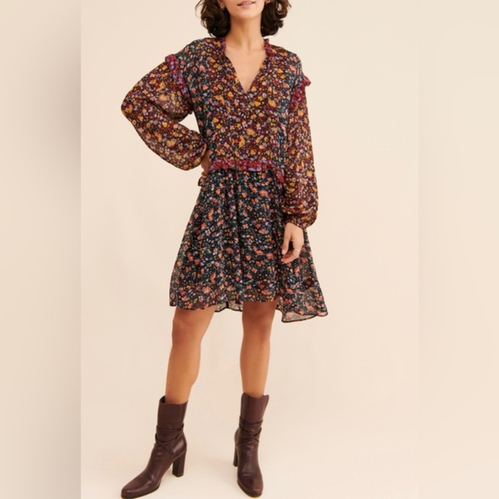 Anthropologie Boho Helene Floral Tunic Dress Size XS Floral Ruffled Chiffon